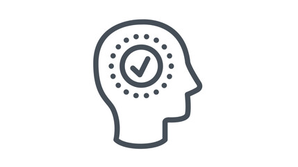 Minimalist black vector icon of a human head profile with a checkmark inside a circle and dotted ring, symbolizing positive mindset, mental health, decision making, and cognitive clarity. © Fahad