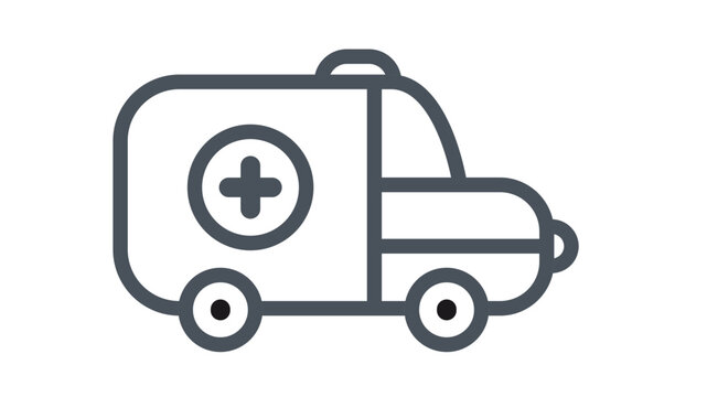 Ambulance emergency vehicle vector icon illustration. Minimalist black line art symbol of a medical transport van with a cross sign and siren for healthcare, first aid, and hospital services.