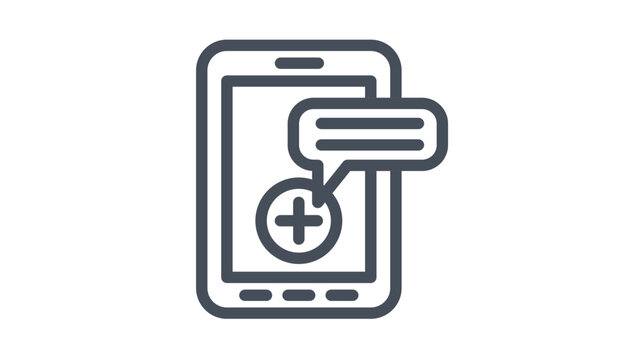 Black line vector icon illustration of a smartphone screen with a plus sign button and a speech bubble, representing adding a new contact, starting a chat, or mobile messaging notification.