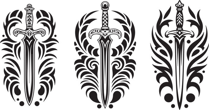 Set of decorative tribal sword silhouettes with ornate flourishes and mystical filigree patterns now