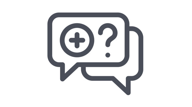 Medical consultation and healthcare support vector icon featuring speech bubbles with a plus sign and a question mark, representing medical advice, health questions, and patient assistance.