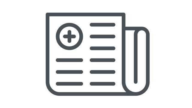Medical news icon featuring a newspaper with a healthcare cross symbol, representing health reports, medical journals, and healthcare information, minimalist vector illustration on white background.