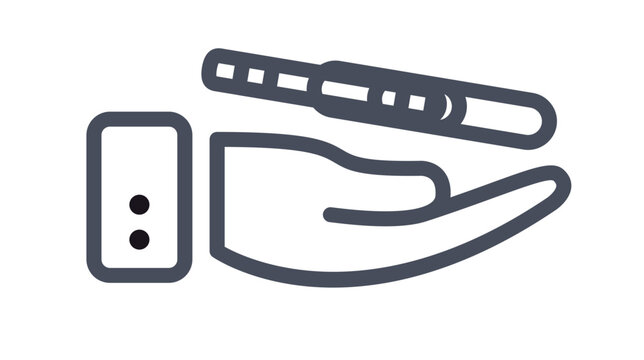 Vector icon illustration of a hand holding a positive pregnancy test stick with two lines. Black silhouette symbol representing pregnancy, motherhood, family planning, and healthcare.