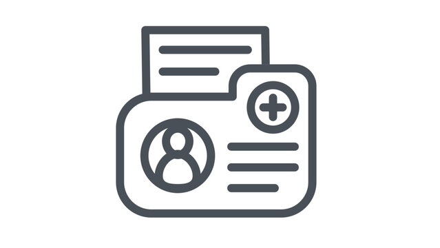 Medical patient file folder vector icon featuring a person profile and plus symbol. Minimalist black line art illustration of healthcare records, medical history, and clinical documentation symbol.