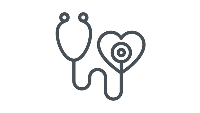 Minimalist black line vector icon illustration of a stethoscope integrated with a heart symbol, representing cardiology, heart health, medical checkups, diagnostic tools, and healthcare.