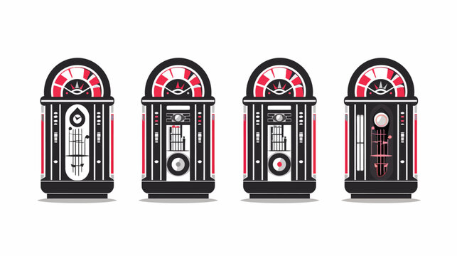 Row of four stylized vintage jukeboxes in black, white, and red on a white background