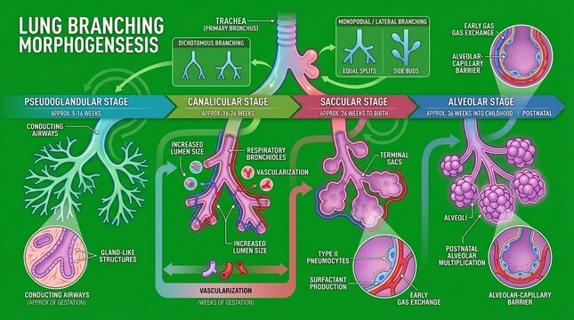 An infographic illustrating the process of lung branching morphogenesis in a detailed and colorful diagram
