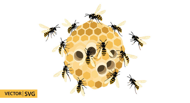 Wasp Nest with Wasps Swarming Around - Vector Illustration