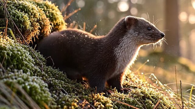 Mink standing in sunlight on mossy ground