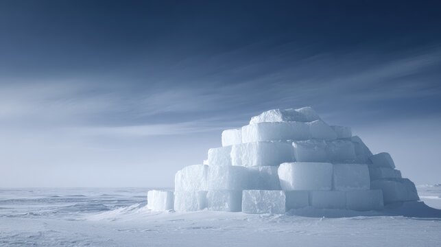 Igloo made of ice blocks standing in snowy Arctic landscape under blue sky