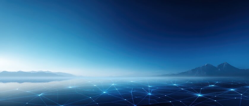 Futuristic digital network connections over calm ocean with mountains, blue technology background panorama