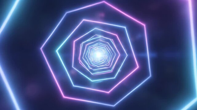 Abstract Neon Octagon Tunnel Animation with Glowing Lights.