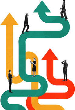 People standing on colorful curved arrows in collage style on white background, concept of business decisions and direction