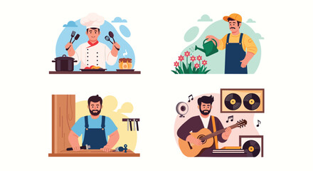 Fototapeta premium Set of illustrations depicting various professional workers including a chef, a gardener, a carpenter, and a musician playing the guitar.