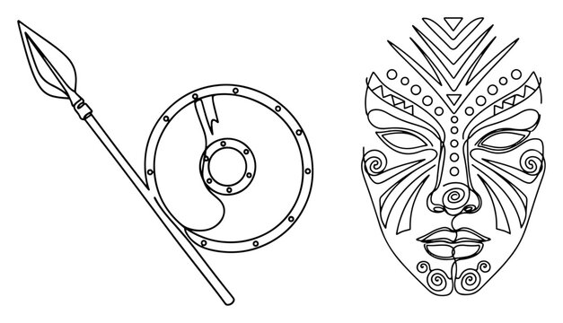 African tribal mask with spear and round shield in detailed continuous line art style