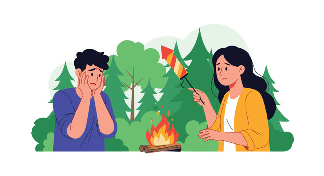 Concerned couple standing near a campfire in the woods while the woman holds a firework rocket and looks worried about a potential accident.