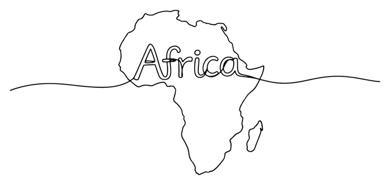 Africa continent map silhouette with name lettering in minimalist continuous line art style
