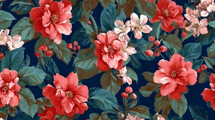 Naklejka premium Flowers bloom beautifully on leaves. This repeating design is perfect for clothes, fabric, and wrapping paper.