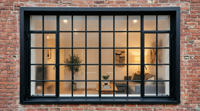 A symmetrical, architectural detail shot of an old brick factory window with original frosted glass panes, framed by newly installed minimalist black steel framing. The interior reflection shows 