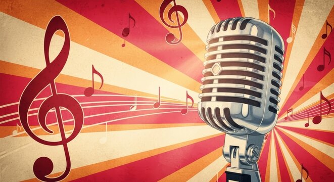 Retro Style Illustration of Chrome Microphone with Radiant Bands and Clefs
