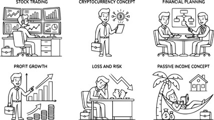 Fototapeta premium Business and Finance Line Art Illustration Set, Stock Trading Cryptocurrency Financial Planning Profit Growth Loss Risk and Passive Income Concept