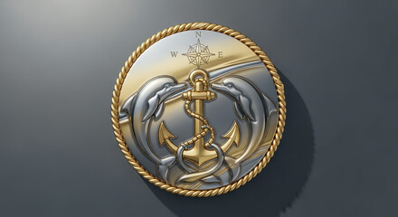 Obraz premium Nautical Emblem: Dolphins, Anchor, Compass Rose, Rope Border