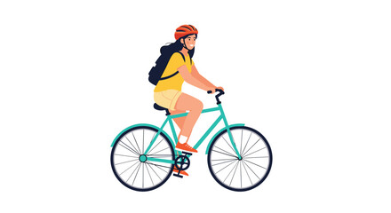 Fototapeta premium Happy girl wearing a safety helmet and a backpack riding a teal bicycle on a white background to promote outdoor exercise and commuting.