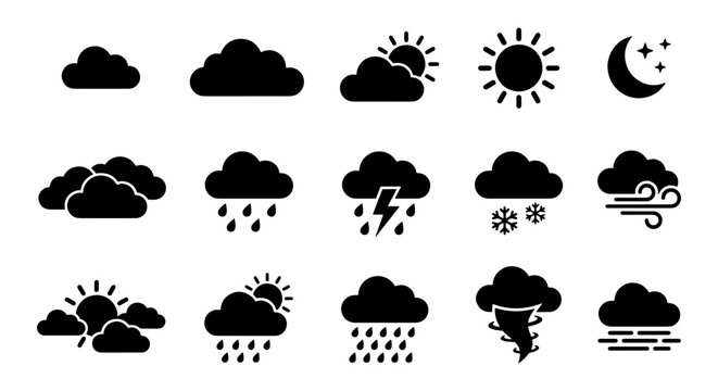 Weather Icons Set, 15 Black Silhouette Symbols for Forecasting and Climate Conditions, Meteorologic Forecast Graphics, Cloud, Sun, Moon, Rain, Snow, Wind, Storm, Tornado, Fog