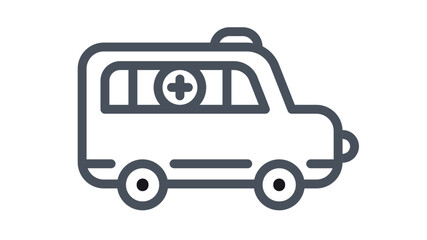 Minimalist black line art vector icon of an ambulance emergency vehicle with a medical cross symbol on the side, ideal for healthcare, first aid, and hospital-related graphic design projects. © Hira