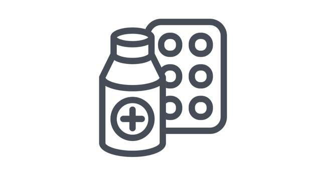 Minimalist black line art vector icon illustration of a medicine bottle with a medical cross symbol and a blister pack of pills, representing healthcare, pharmacy, medication, and first aid.