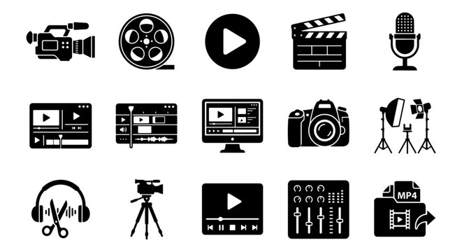 Video production icon set, 15 black movie making symbols, cinema equipment and film editing vector elements for multimedia projects