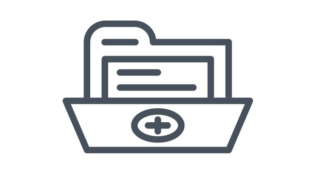 Medical record folder icon with documents and a plus symbol, representing patient healthcare files, clinical data storage, and medical history management, black vector illustration on white.
