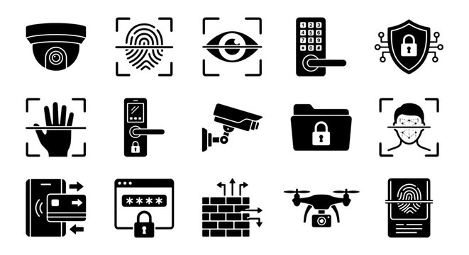 Security and biometric identification icon set, 15 black solid vector elements, surveillance and data protection symbols for digital privacy and safety
