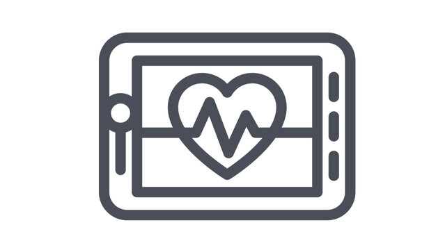 Minimalist black vector icon of a digital tablet displaying a heart with an EKG heartbeat line, representing mobile healthcare, telemedicine, heart rate monitoring, and medical technology.
