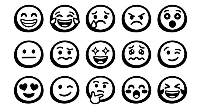 Minimalist emoji icon set with 15 black and white emoticons, expressive line art face symbols, modern vector smileys for digital communication
