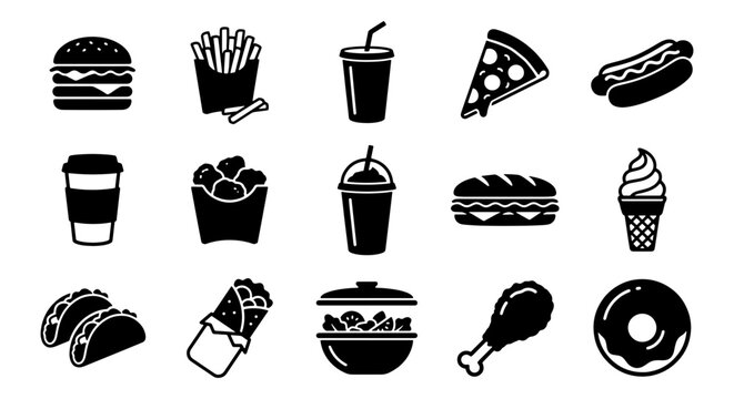 Fast food icons set, black silhouette junk food symbols, collection of 15 restaurant menu vector elements, takeaway meal and drink graphics