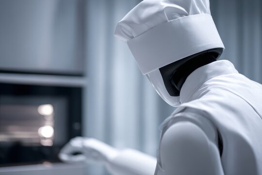 Humanoid robot helping chef control smart oven settings in digital kitchen