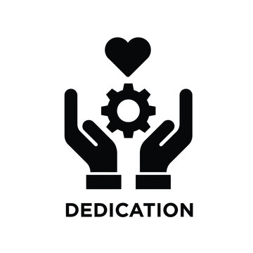 A minimalistic black icon depicts hands cradling a gear with a heart floating above it symbolizing dedication high quality professional