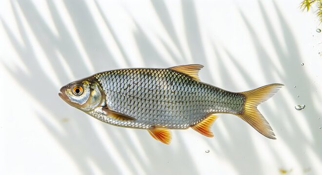 Common Roach fish swimming in clean water on white background with shadows