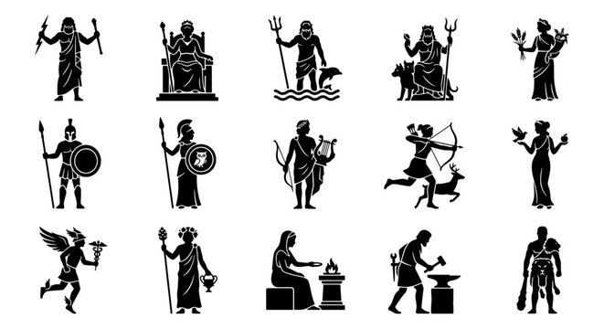 Ancient Greek gods and goddesses vector icons set, Olympian deities black silhouettes, 15 classical mythology characters for history education