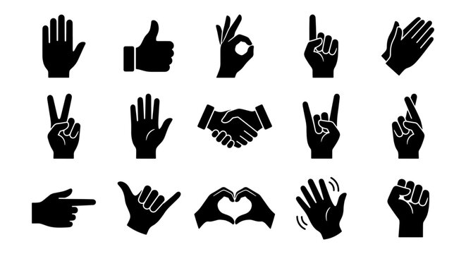 Black hand gesture icons set, 15 human palm and finger symbols, flat vector silhouette communication signs for web and mobile apps