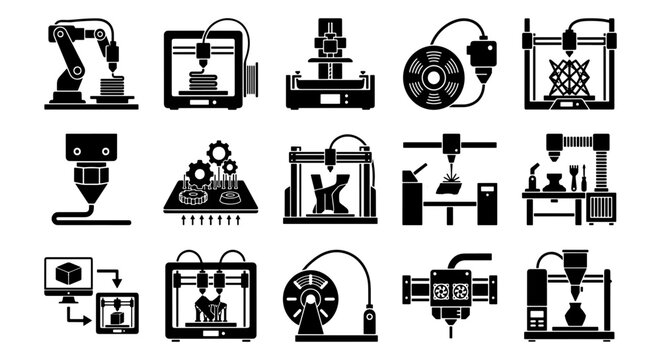 Industrial 3D printer icons set, 15 additive manufacturing vector elements, professional rapid prototyping equipment and robotic arm symbols