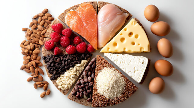 High protein food sources arranged in a circular pattern with chicken breast, salmon fillet