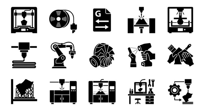 3D printing icons set, additive manufacturing technology symbols, industrial robotic arm and laser cutting vector elements, 15 black solid icons