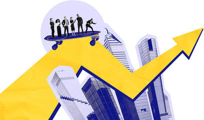 Group of business people on skateboard atop rising arrow in creative collage style on white background, concept of teamwork and growth