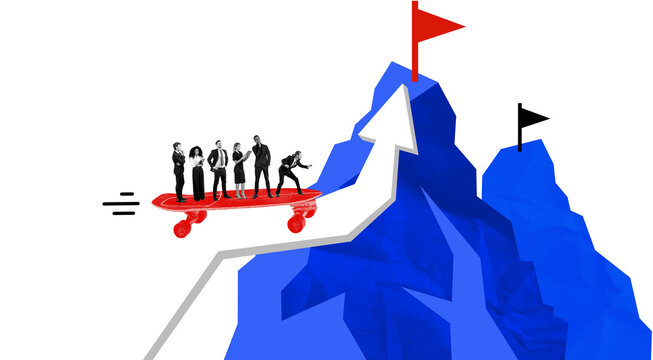 Business people on red skateboard moving up arrow-shaped mountain in collage style on white background, concept of teamwork and progress