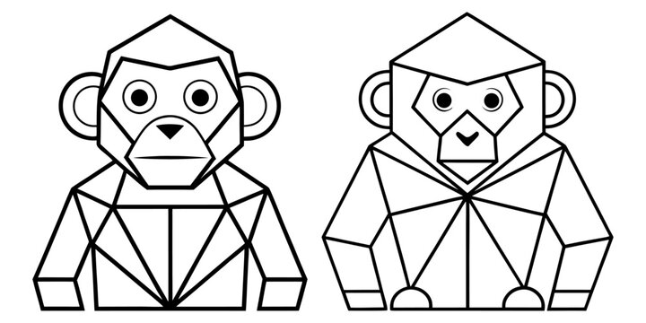 A collection of minimalist geometric origami line art illustrations featuring chimpanzee and monkey characters in a clean black and white vector style.