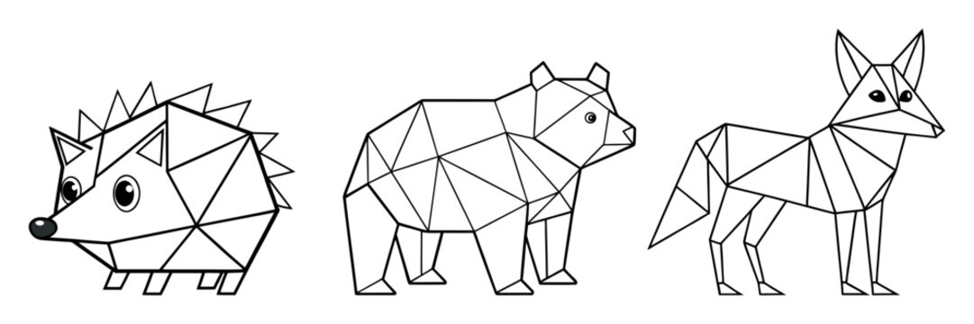 A collection of minimalist geometric origami line art illustrations featuring a hedgehog, a bear, and a jackal in a clean black and white vector style.