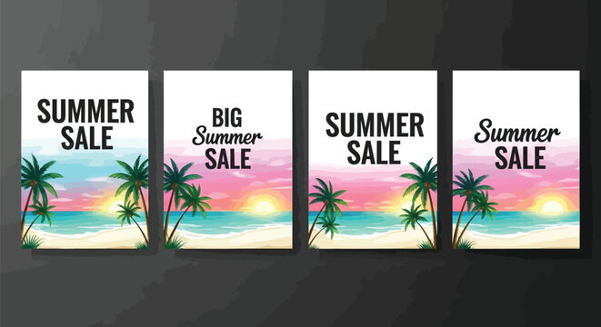 Summer sale, beach posters, palm trees, colorful banners