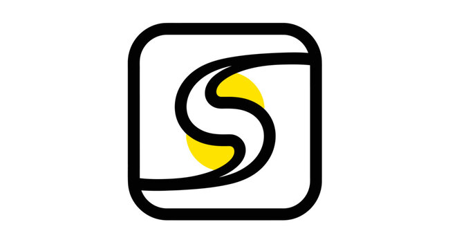 Stylized letter S inside a square frame with a yellow circle accent, modern logo design, isolated white background.